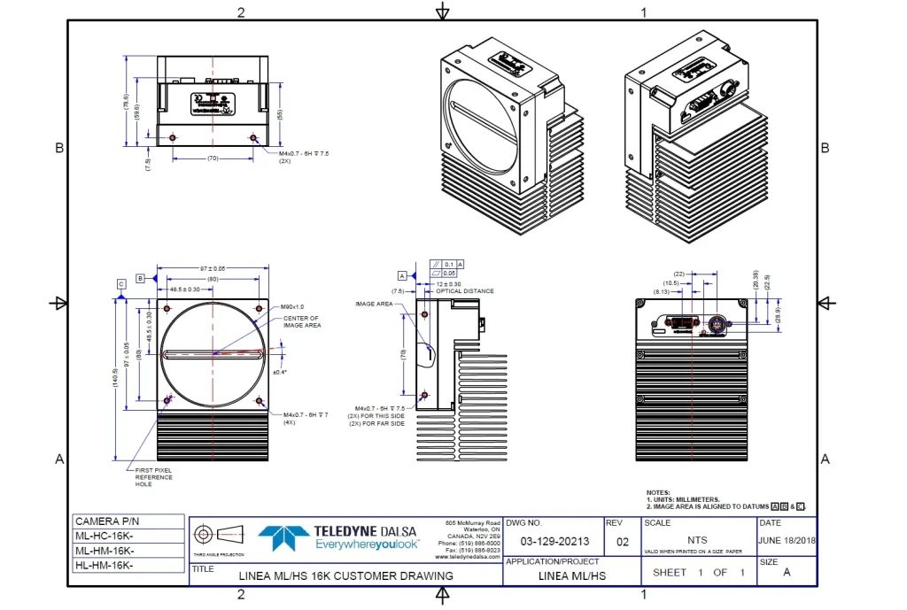 Teledyne DALSA Linea HS 16K camera dimension drawing
