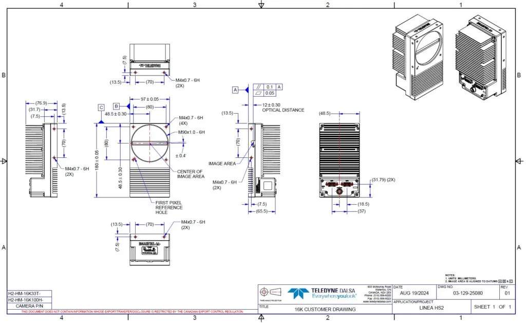 Teledyne DALSA Linea HS2 16K camera dimension drawing