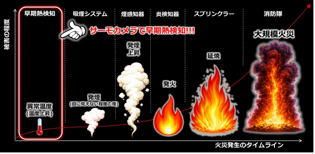 サーモカメラによるバイオマス燃料の早期熱検知と火災発生タイムライン