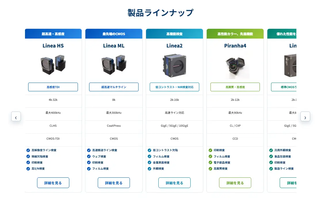 DALSAラインスキャンカメラのプロ向け製品比較表イメージ